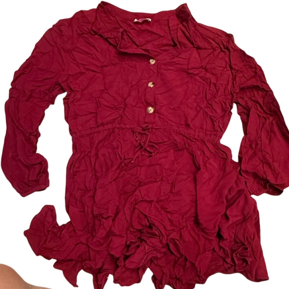 Pink Lily Tunic Top Ruffle Hem Long Sleeve Blouse‎ Wine Red Size L